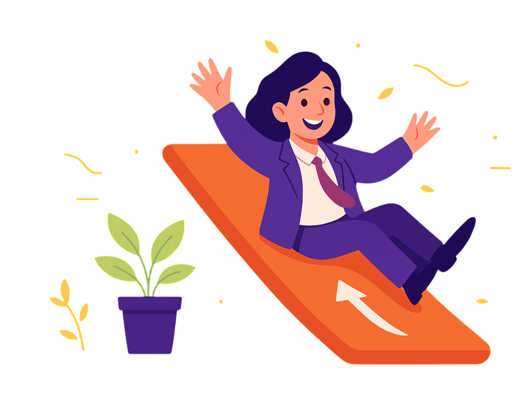 Ilustração de uma mulher sorridente de terno roxo segurando um grande cartão laranja com um ícone de play, sobre um fundo roxo