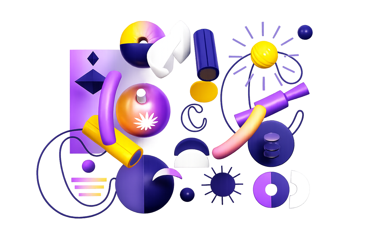 Composição abstrata colorida com formas geométricas tridimensionais em tons de roxo, amarelo, rosa e branco sobre fundo preto, representando criatividade e design moderno.
