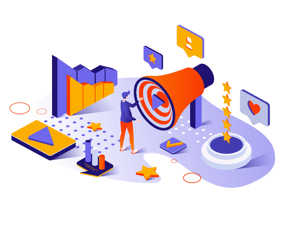 Ilustração de uma pessoa interagindo com um grande megafone, cercada por ícones de redes sociais, gráficos e tabelas, representando marketing digital e engajamento online.