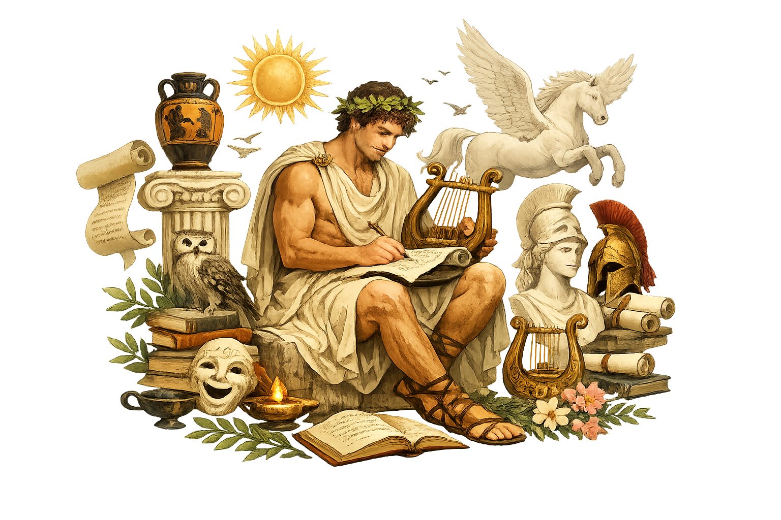 Ilustração digital em estilo clássico inspirada na poesia da Grécia Antiga. Ao centro, um poeta grego com túnica branca e coroa de louros escreve em um pergaminho enquanto segura uma lira. Ao seu redor estão diversos elementos da cultura grega, como colunas jônicas, pergaminhos, livros, uma coruja, máscaras de teatro, um busto de mármore, um elmo de guerreiro, uma ânfora, um cavalo alado, folhas de louro, flores e um pequeno lampião aceso. A composição é isolada, sem fundo, funcionando como um conjunto decorativo.